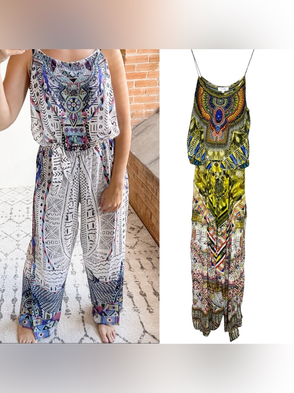 Camilla Silk Split Leg Jumpsuit Waist Tie Embellished Sz M/8